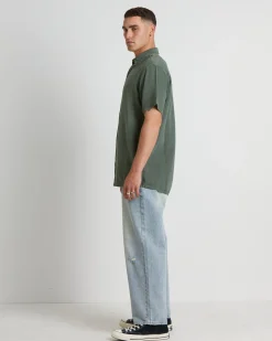 Men At Work Oxford Short Sleeve Shirt in Thyme Green