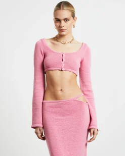 Mika Knit Fitted Long Sleeve Button Up Top in Strawberry Pink