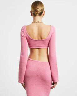 Mika Knit Fitted Long Sleeve Button Up Top in Strawberry Pink