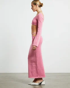 Mika Knit Fitted Long Sleeve Button Up Top in Strawberry Pink
