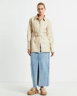 Millie PU Utility Long Sleeve Over Shirt Cream