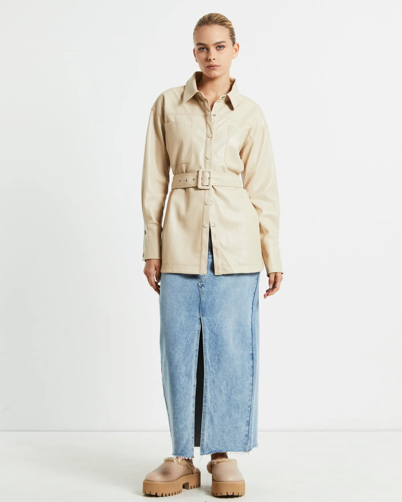 Millie PU Utility Long Sleeve Over Shirt Cream