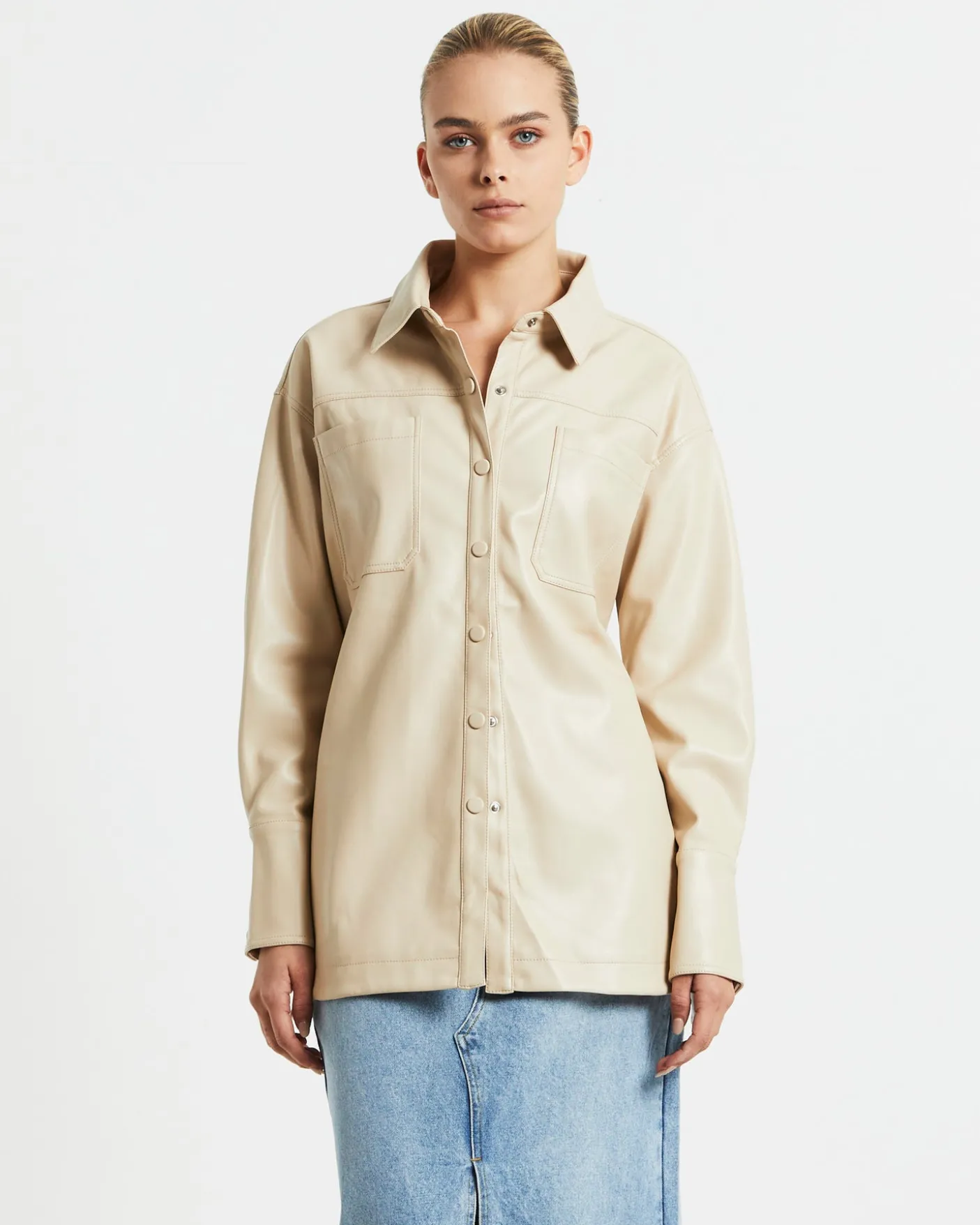 Millie PU Utility Long Sleeve Over Shirt Cream