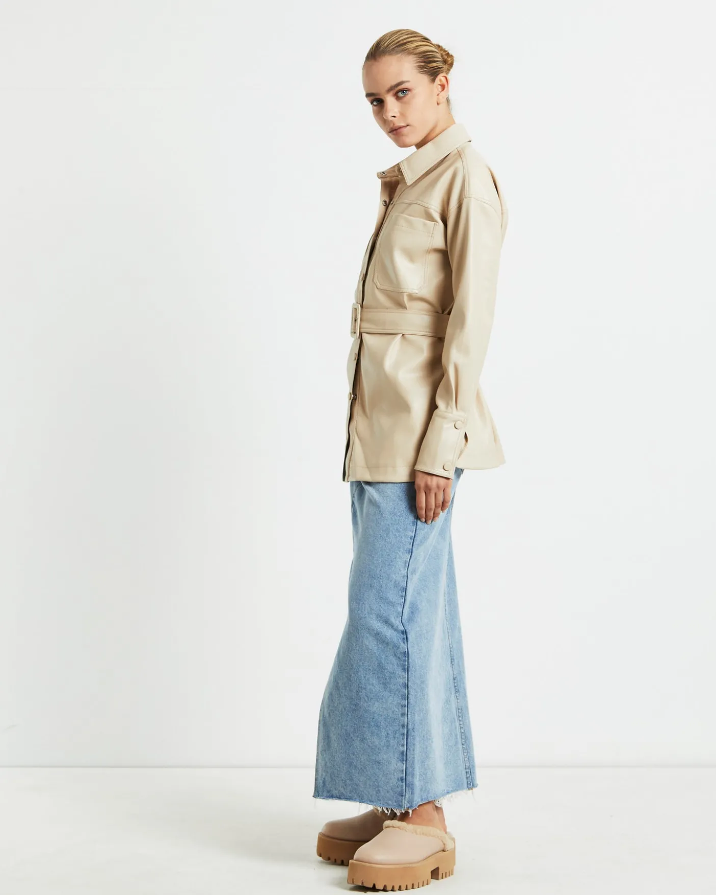 Millie PU Utility Long Sleeve Over Shirt Cream