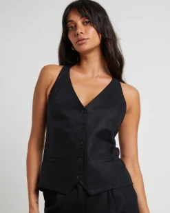 Naomi Linen Halter Vest in Black