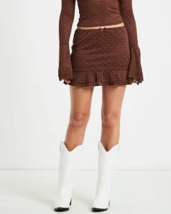 Nyra Lace Peplum Mini Skirt in Chocolate Brown