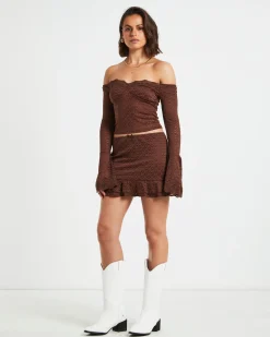 Nyra Lace Peplum Mini Skirt in Chocolate Brown