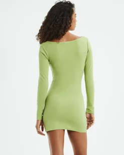 Open Neck Long Sleeve Dress Lime
