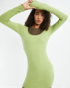 Open Neck Long Sleeve Dress Lime