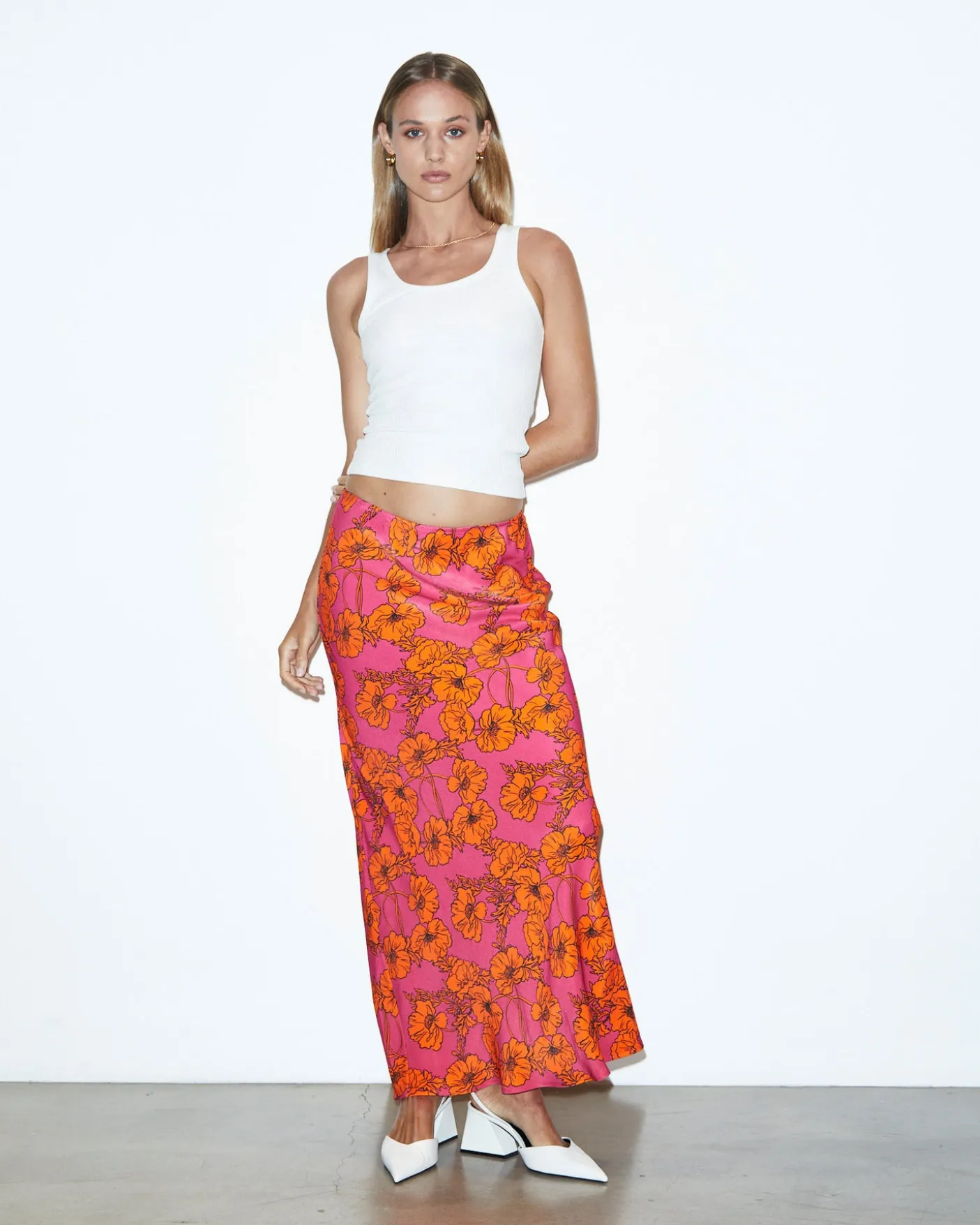 Penelope Bloom Low Rise Midi Skirt Pink