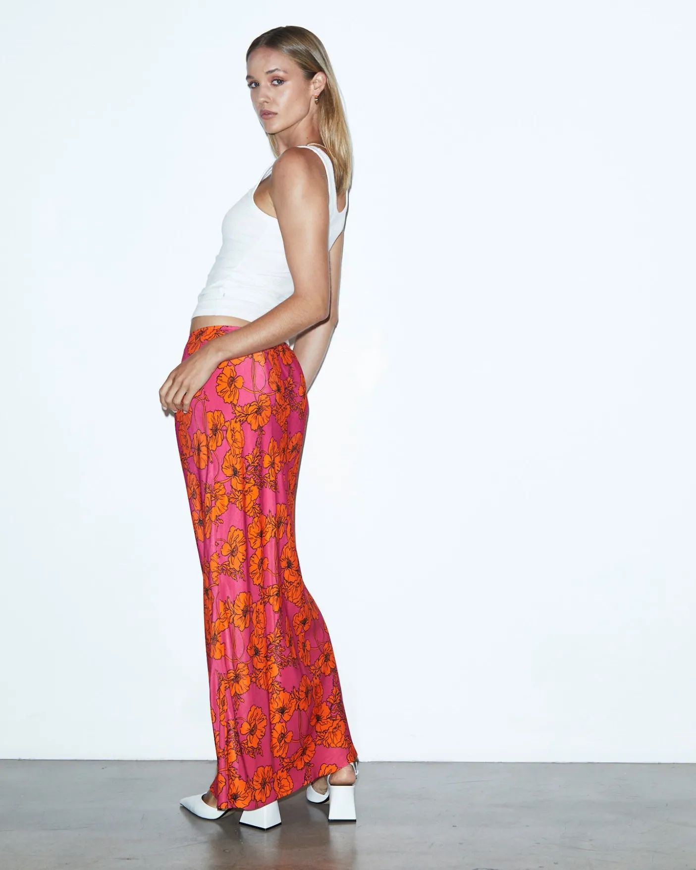 Penelope Bloom Low Rise Midi Skirt Pink
