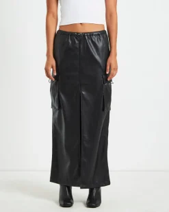 Phoebe Leather Look Cargo Skirt Black