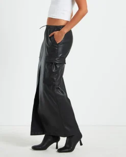 Phoebe Leather Look Cargo Skirt Black