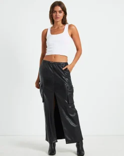 Phoebe Leather Look Cargo Skirt Black