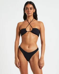 Rib Cross Front Bikini Top in Black