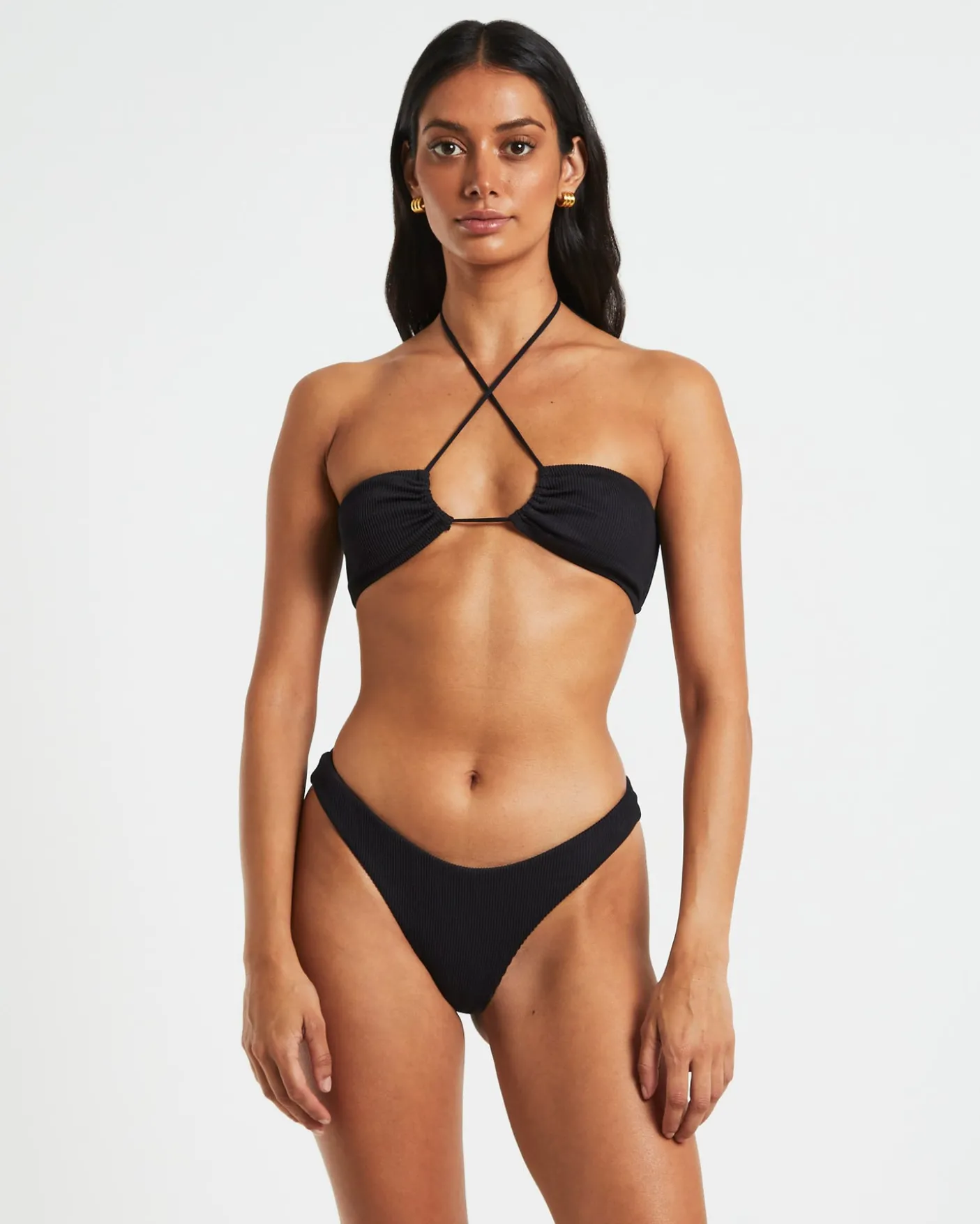 Rib Cross Front Bikini Top in Black