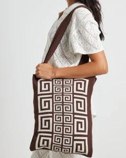 Riviera Border Jacquard Tote Bag in Chocolate Brown