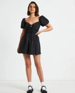 Rylee Backless Puff Sleeve Mini Dress in Black