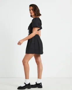 Rylee Backless Puff Sleeve Mini Dress in Black