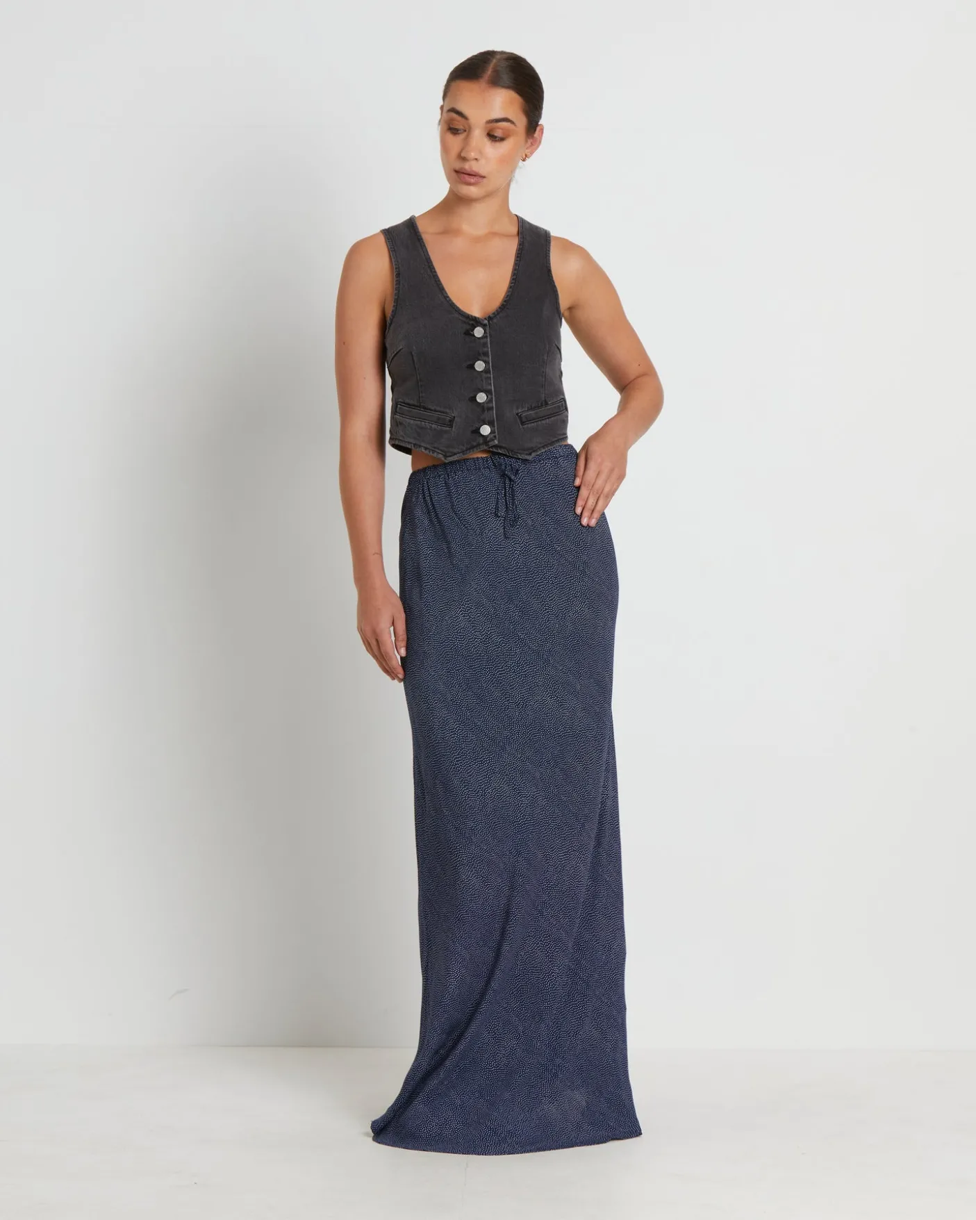Slip Maxi Skirt in Mini Spot Navy