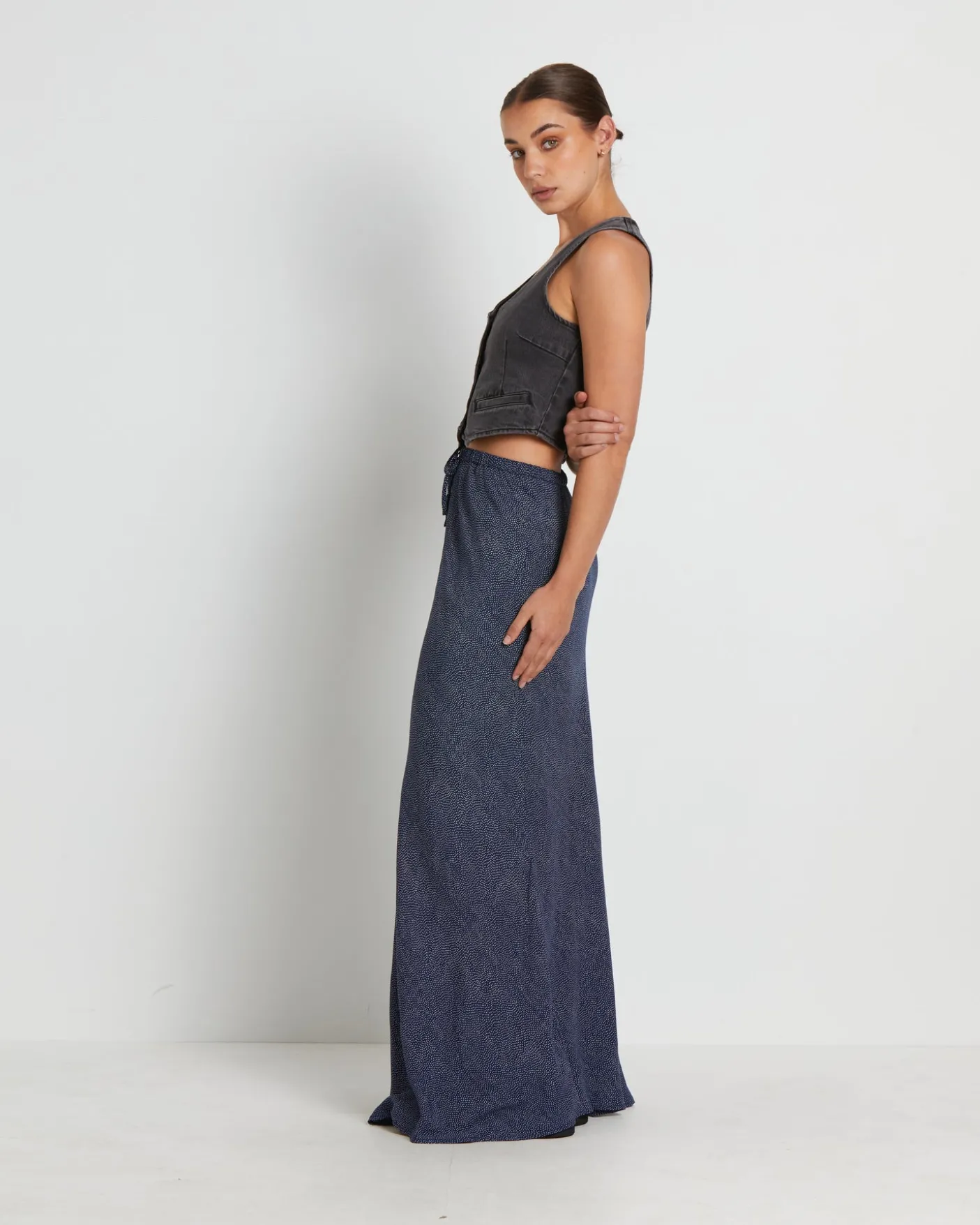 Slip Maxi Skirt in Mini Spot Navy