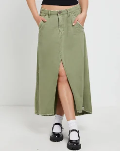 St Khaki Mrs Carter Long Denim Skirt in Green