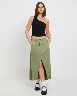 St Khaki Mrs Carter Long Denim Skirt in Green