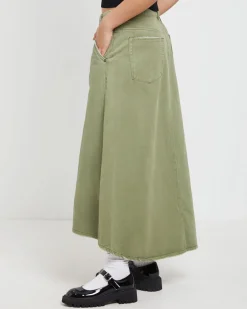 St Khaki Mrs Carter Long Denim Skirt in Green