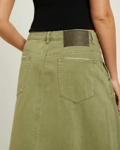 St Khaki Mrs Carter Long Denim Skirt in Green