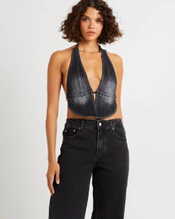 Trinity Denim Halter Top Charcoal Tint