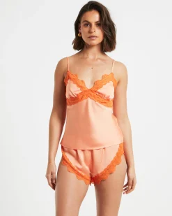 Xia Contrast Lace Trim Cami Top in Peach