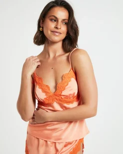 Xia Contrast Lace Trim Cami Top in Peach